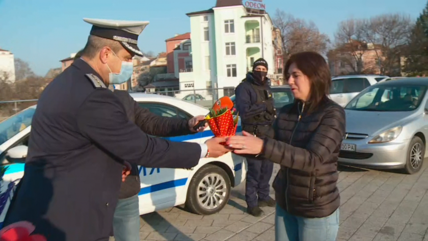 police plovdiv hand out flowers lady drivers international womenrsquos day