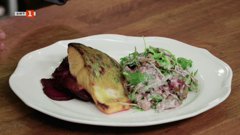 Печена сьомга с леща и цвекло и банички с овче сирене и спанак