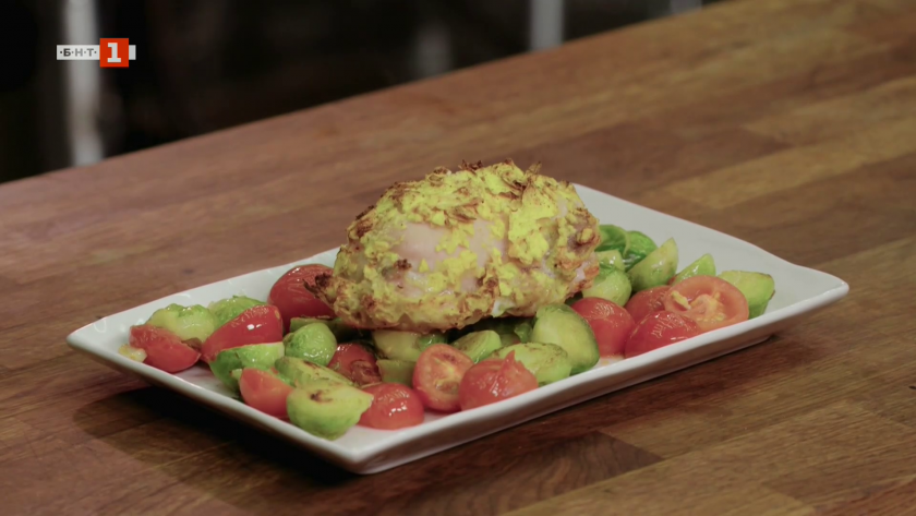 Кейк "Базлер брунсли" и пиле с брюкселско зеле