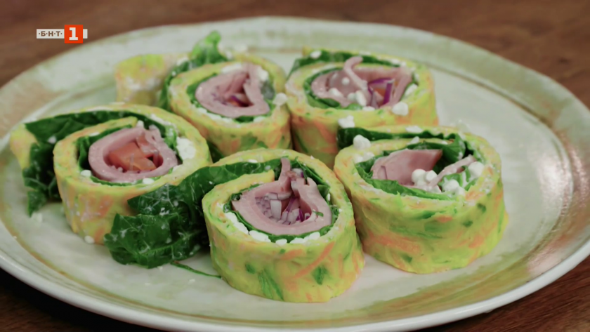 Зеленчукова тортила с шунка и пиле с картофи, фенел и маслини