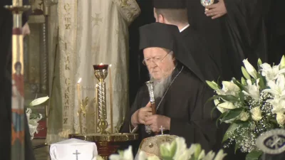 Ecumenical Patriarch Bartholomew leads the memorial litia service for the repose of Patriarch Neophyte's soul