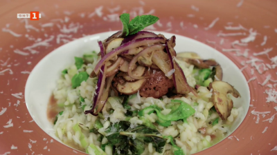 Ризото с гъби, дроб и пресен джоджен и боб с бекон и джоджен