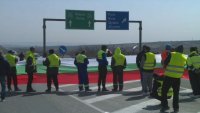 Road construction workers block "Hemus" motorway in a protest over unpaid wages