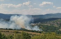 Dry grasses and bushes burning near the village of Selishte